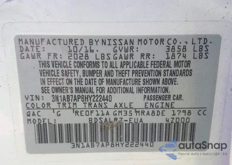 2017 Nissan Sentra Sr z USA, uszkodzony, nr VIN 3N1AB7AP8HY222440
